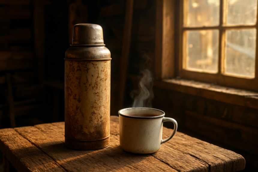 Rustic thermos and tea