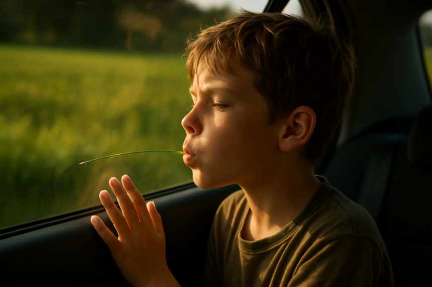 Child whistling through grass