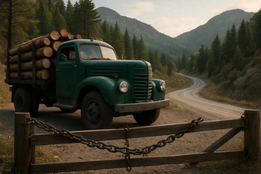 Green logging truck switchback road