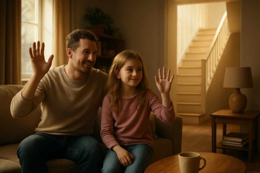 Waving at staircase goodbye