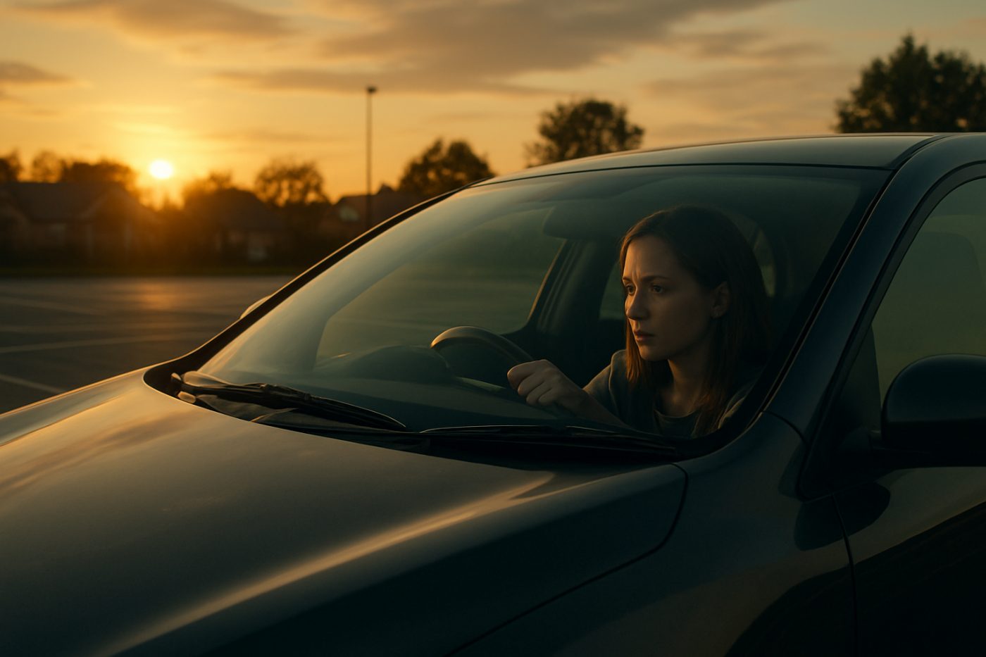 mother in car park, contemplative