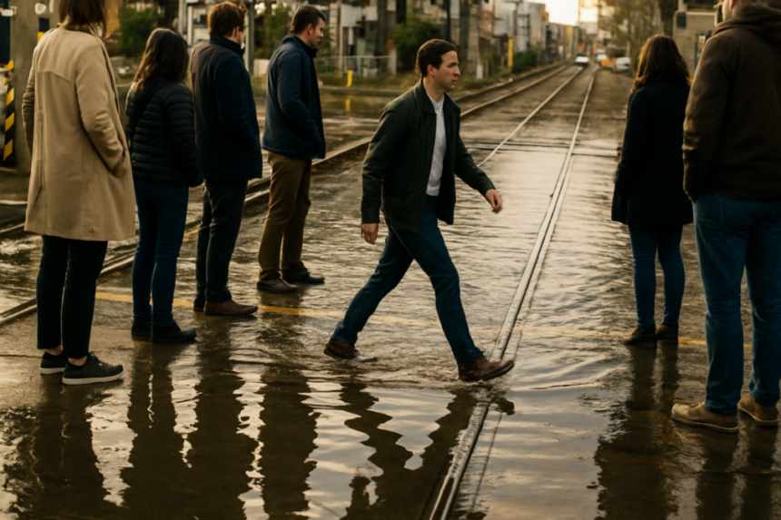 Flooded rail crossing commute