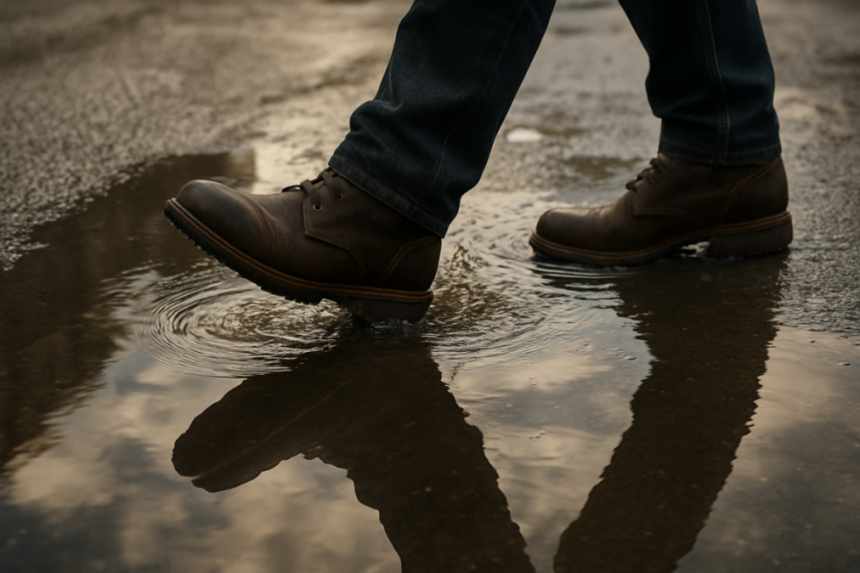Feet in boots crossing floodwater