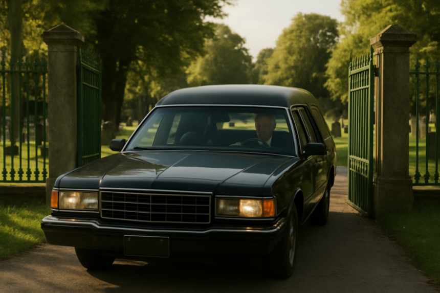 Funeral car entering cemetery