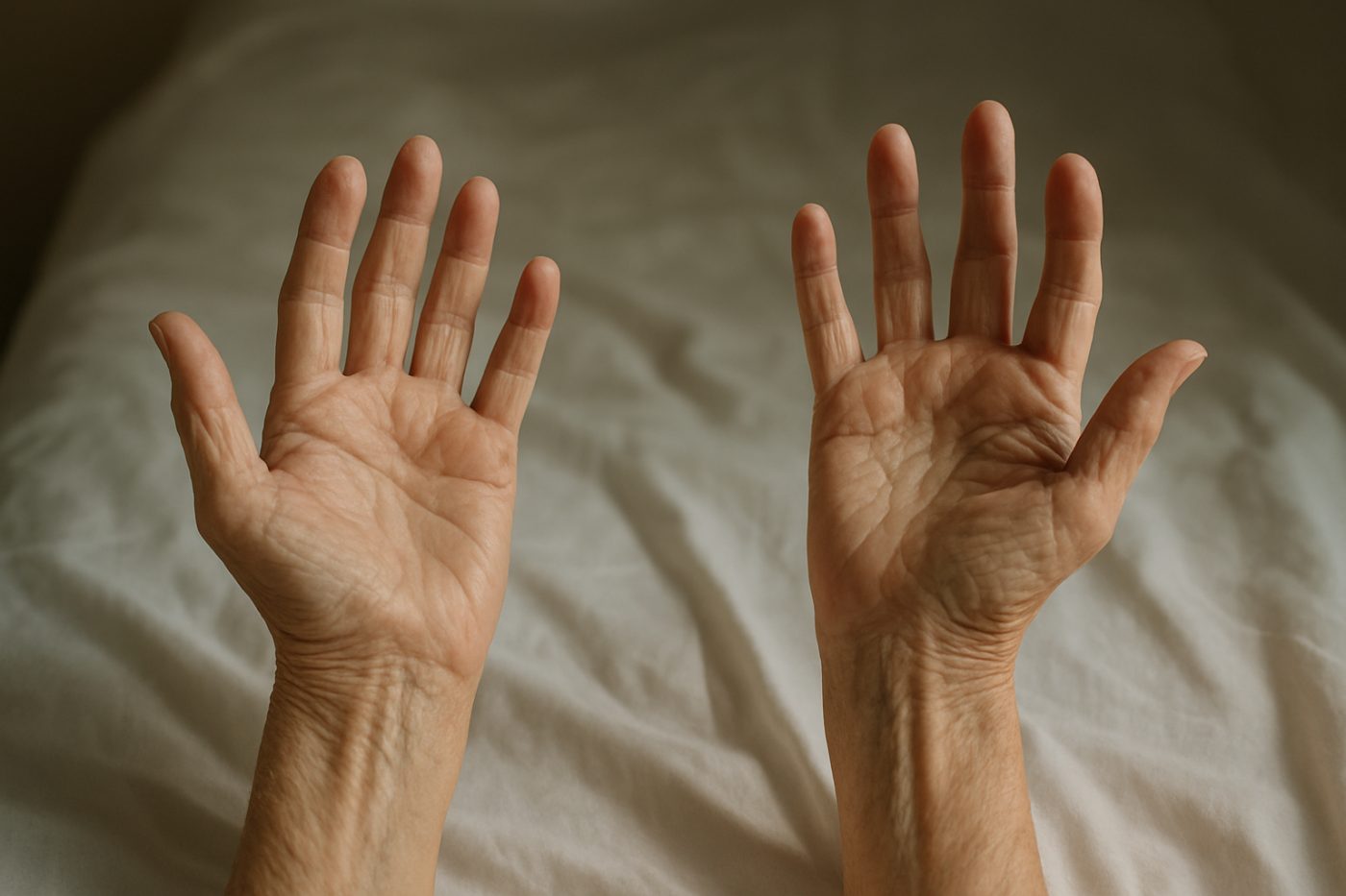 Elderly hands reaching upwards