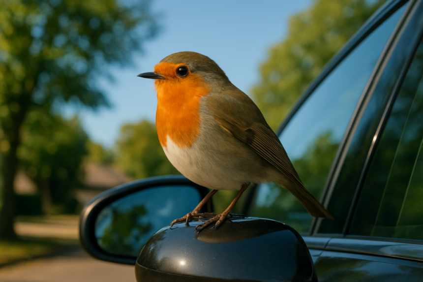 Robin on car mirror
