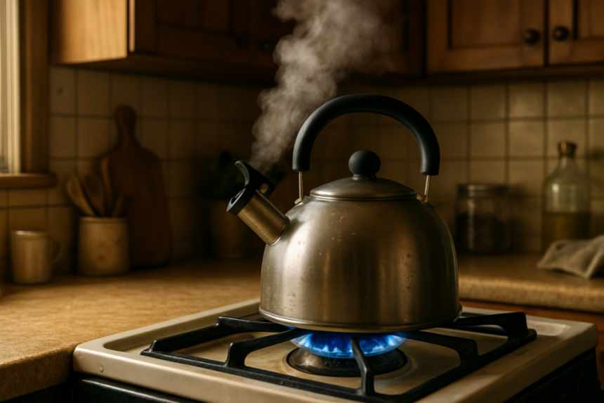kettle boiling in home kitchen