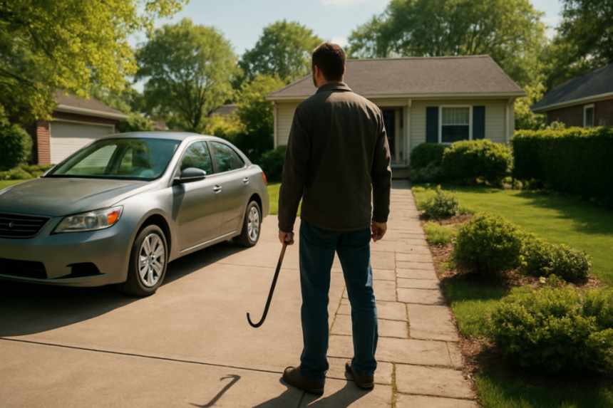 Person with crowbar by garden