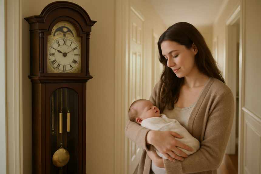 Newborn and grandfather clock